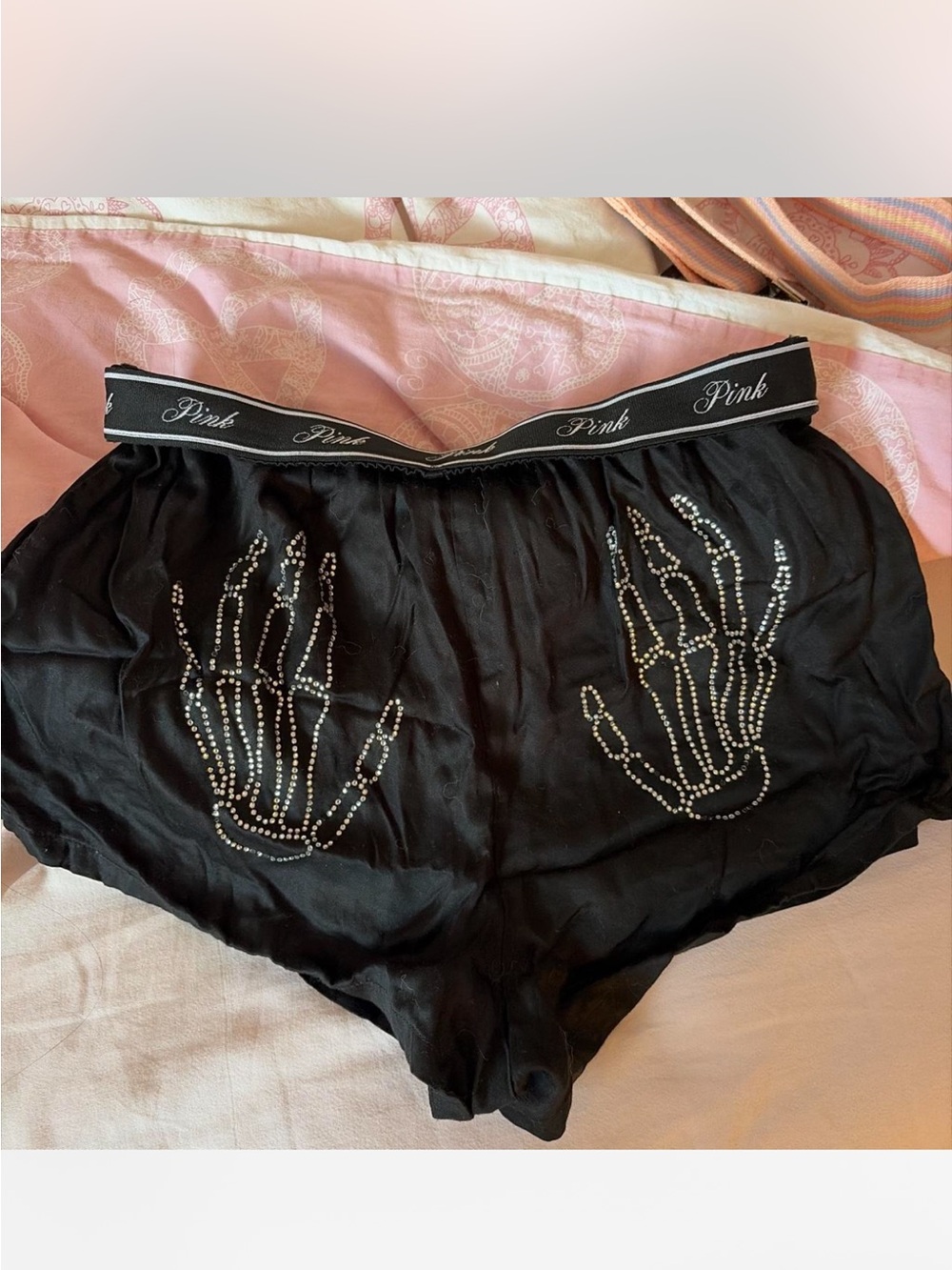 PINK Victoria's Secret Black Rhinestone Skeleton Hand Shorts